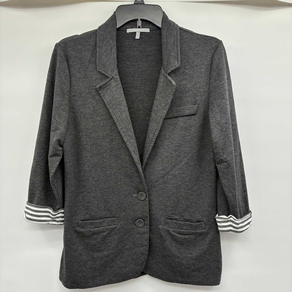 Lemon Tart Blazer Women M Charcoal Gray Knit Stretch Striped Cuffs Career Jacket